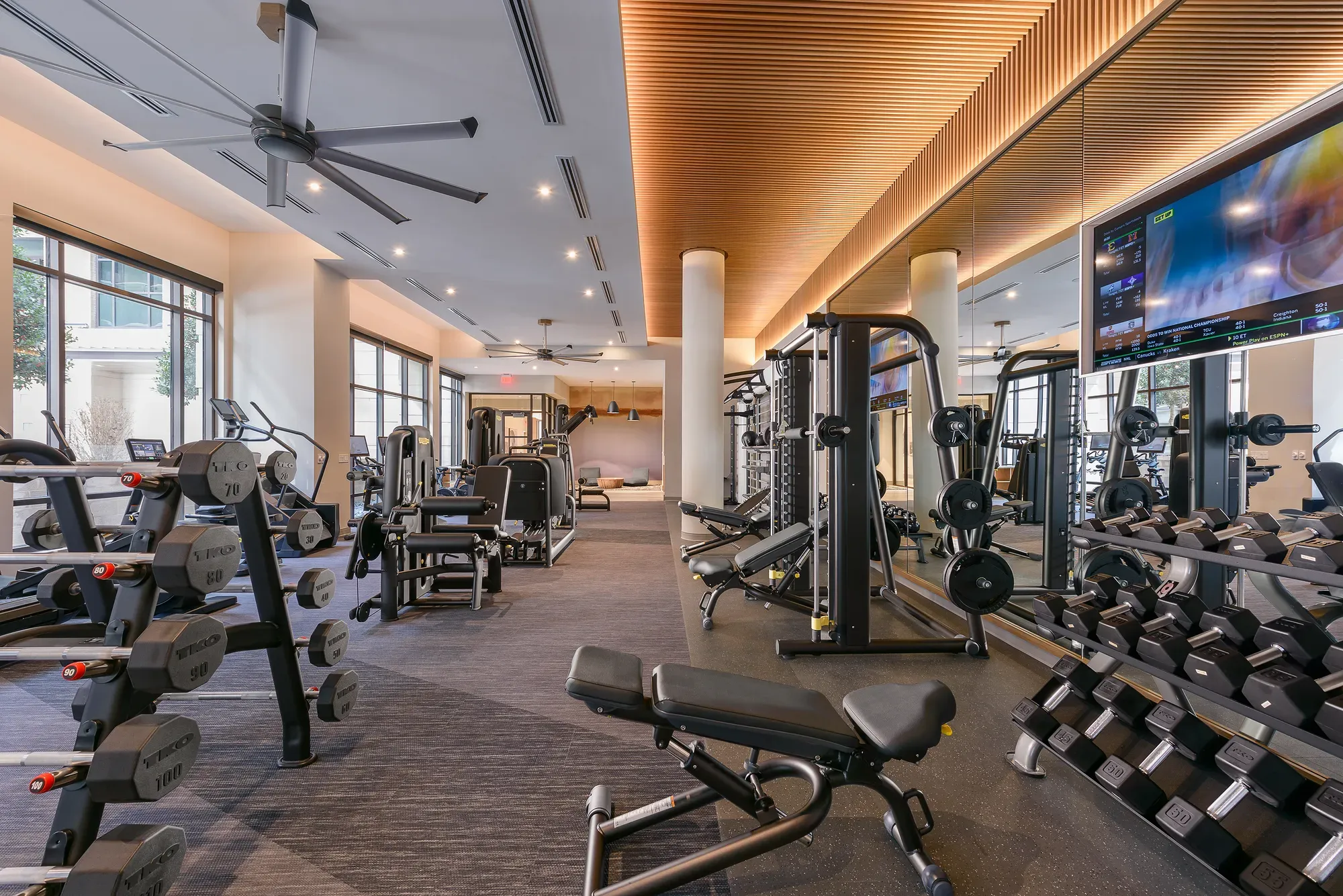 Wellness room with cardio machines, weightlifting equipment, benches, and mirrored walls.