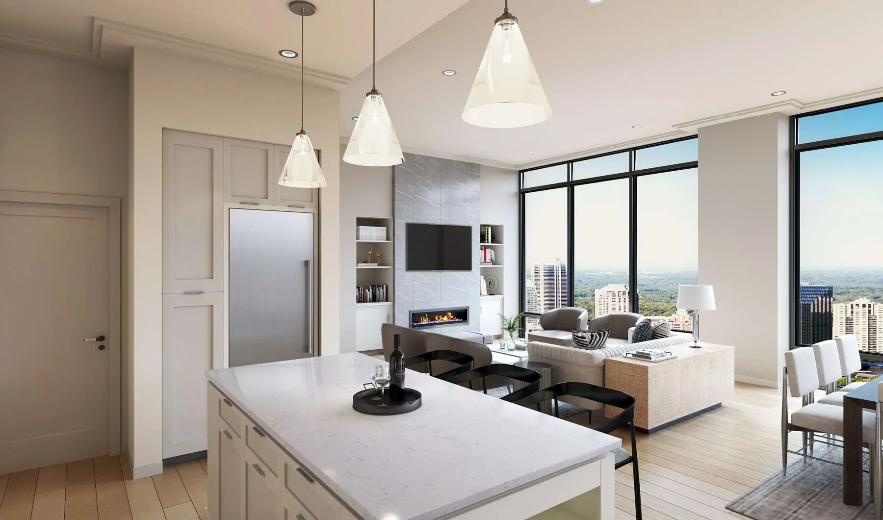 Penthouse: Kitchen with quartz countertops, stainless steel appliances, and designer cabinetry