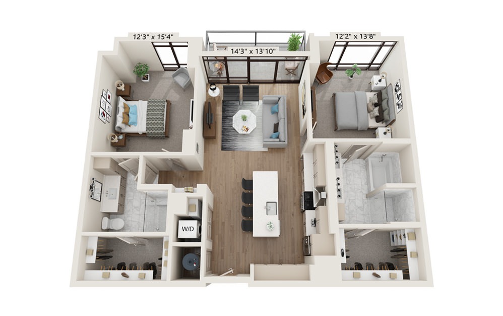 Amber 1267 - 2 bedroom floorplan layout with 2 baths and 1267 square feet.
