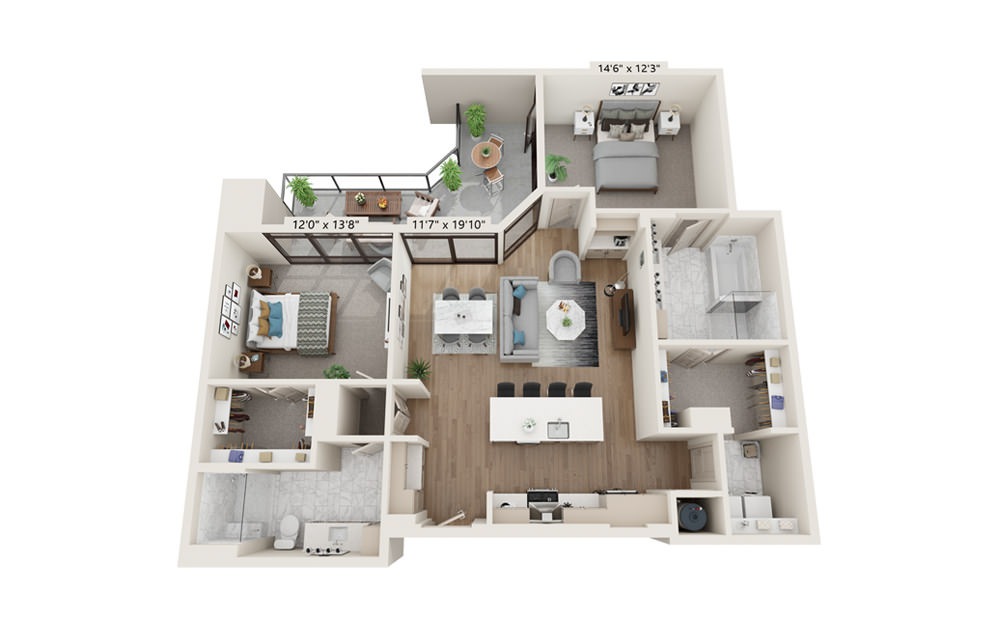Amber 1343 - 2 bedroom floorplan layout with 2 baths and 1343 square feet.