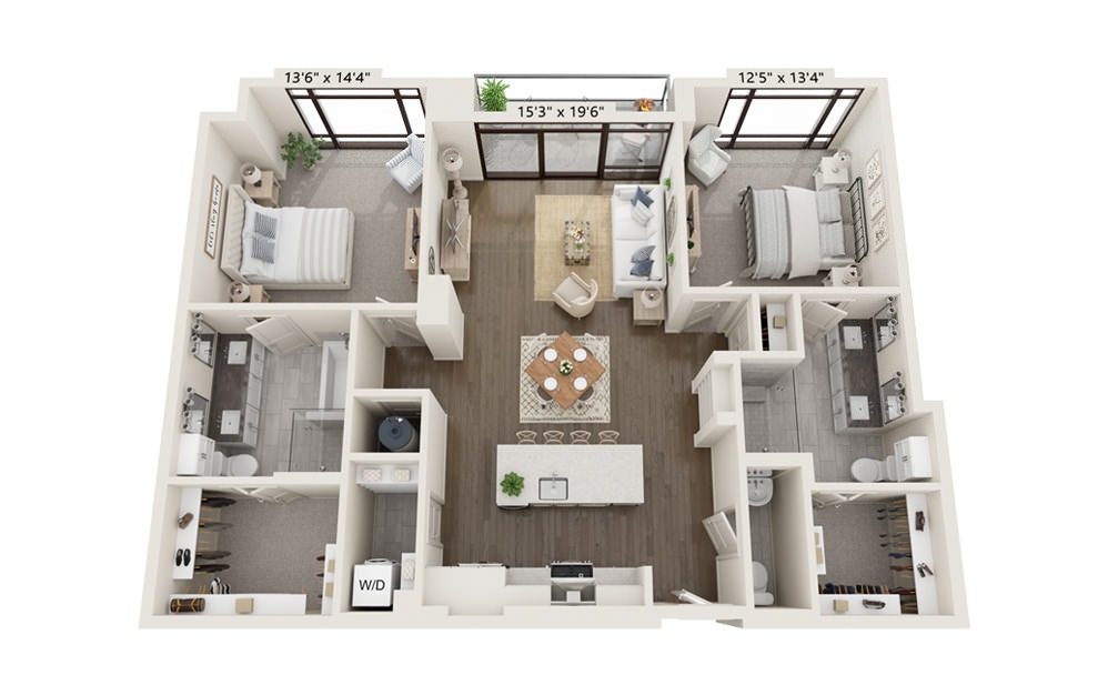 Amber 1410 - 2 bedroom floorplan layout with 2.5 baths and 1410 square feet.