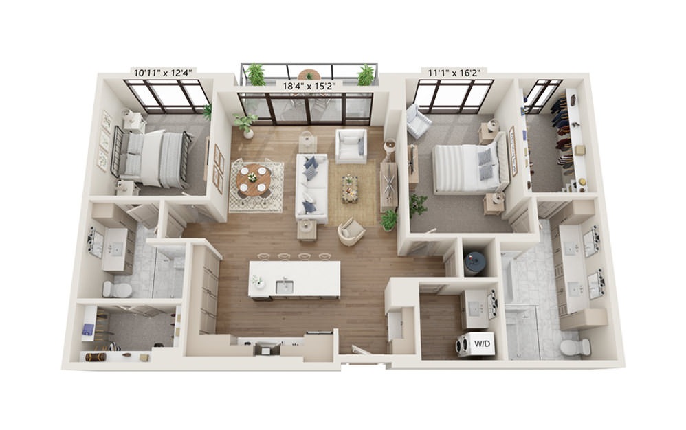 Amber 1414 - 2 bedroom floorplan layout with 2 baths and 1414 square feet.