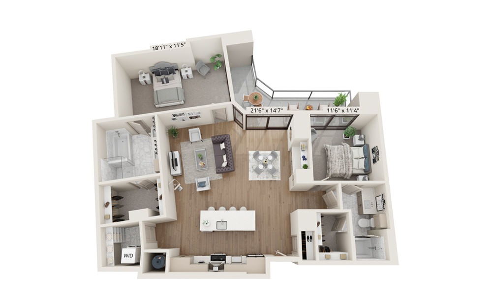 Amber 1425 - 2 bedroom floorplan layout with 2 baths and 1425 square feet.