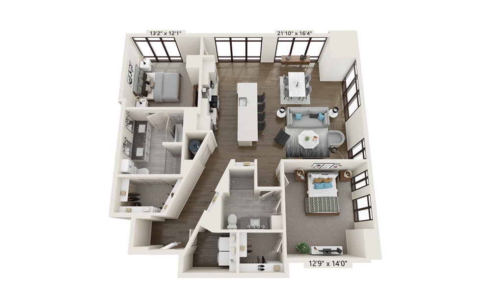 Amber 1490 - 2 bedroom floorplan layout with 2 baths and 1490 square feet.