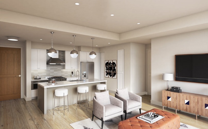 bright open concept living room and kitchen with island