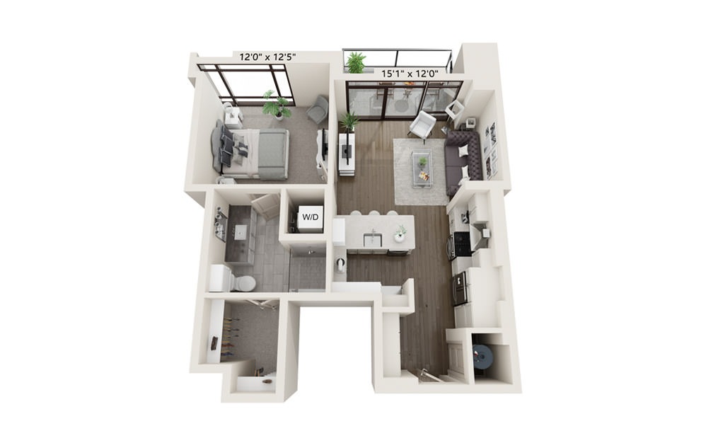 Anchor 727 - 1 bedroom floorplan layout with 1 bath and 727 square feet.