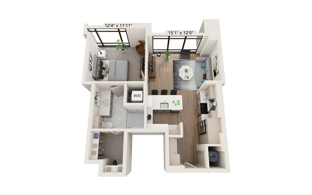 Anchor 732 - 1 bedroom floorplan layout with 1 bath and 732 square feet.