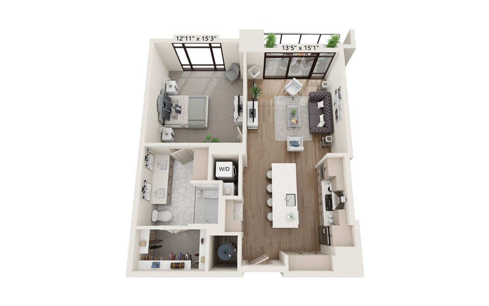Anchor 877 - 1 bedroom floorplan layout with 1 bath and 877 square feet.