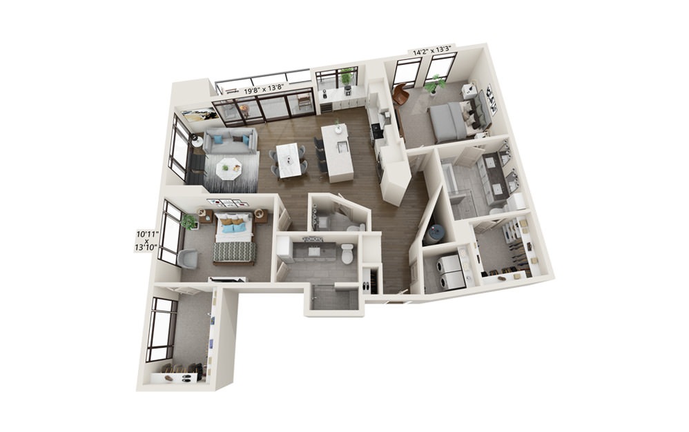 Brick 1524 - 2 bedroom floorplan layout with 2.5 baths and 1524 square feet.