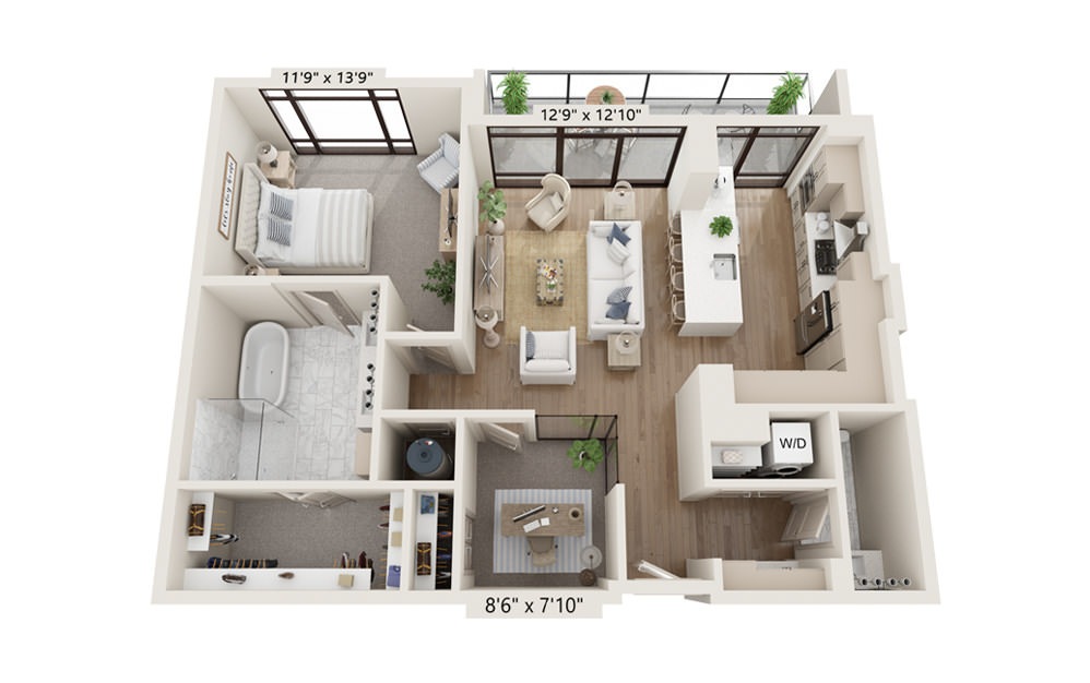 Slate 1074 - 1 bedroom floorplan layout with 1.5 bath and 1074 square feet.