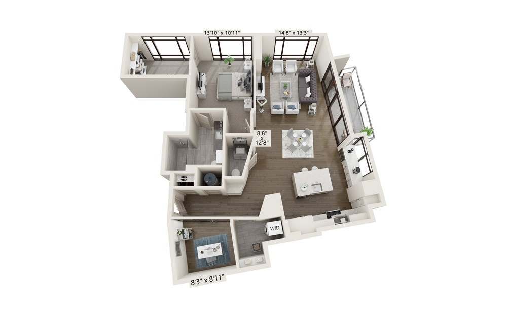 Slate 1227 - 1 bedroom floorplan layout with 1.5 bath and 1227 square feet.