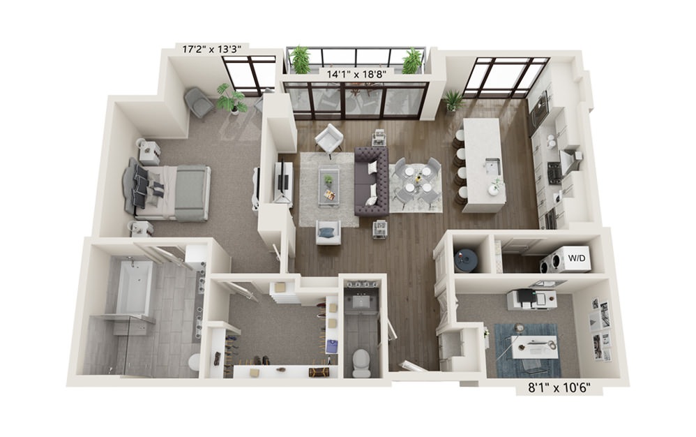 Slate 1247 - 1 bedroom floorplan layout with 1.5 bath and 1247 square feet.