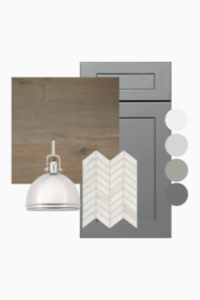 The Slate design showcases a slate kitchen island and white cabinets and white quartz countertops with a chevron marble mosaic backsplash. The hickory grey wood floor is a perfect compliment to the two-toned design and flows through to all living spaces.