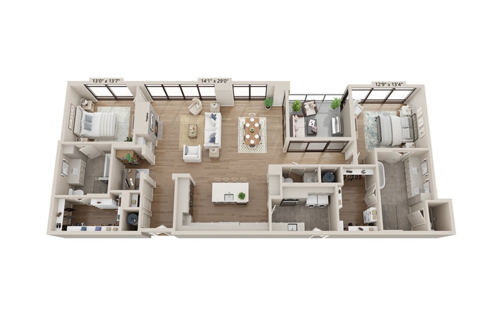 Onyx 1984 - 2 bedroom floorplan layout with 2.5 baths and 1984 square feet.